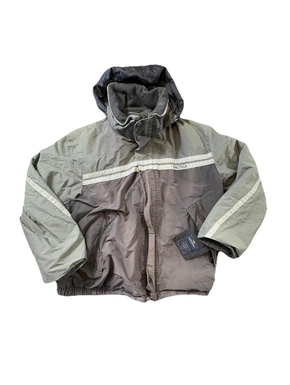 Nautica Gray Black Hooded Puffer Jacket Men's M Full Zip Stand-Up Collar